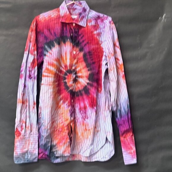 Kiton Tie Dye Shirt Neck Size 42 Spiral Pink Black Orange French Cuffs Dress